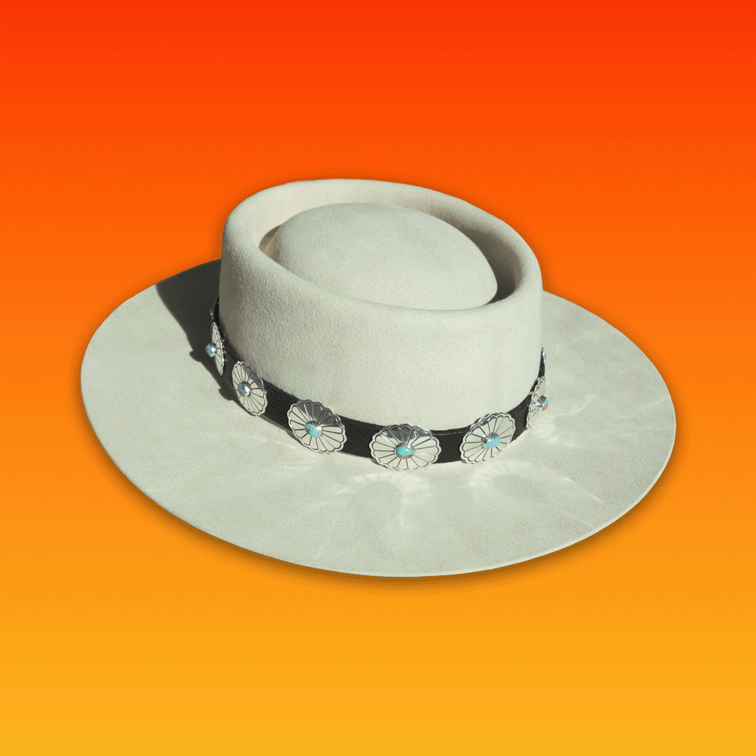 Sterling Silver Hat Bands on White Felt Hat with Colorful Background Colors