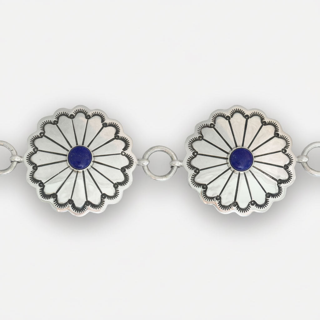 Sterling Silver Navajo Concho Belt with Blue Lapis Cabochon in the Center