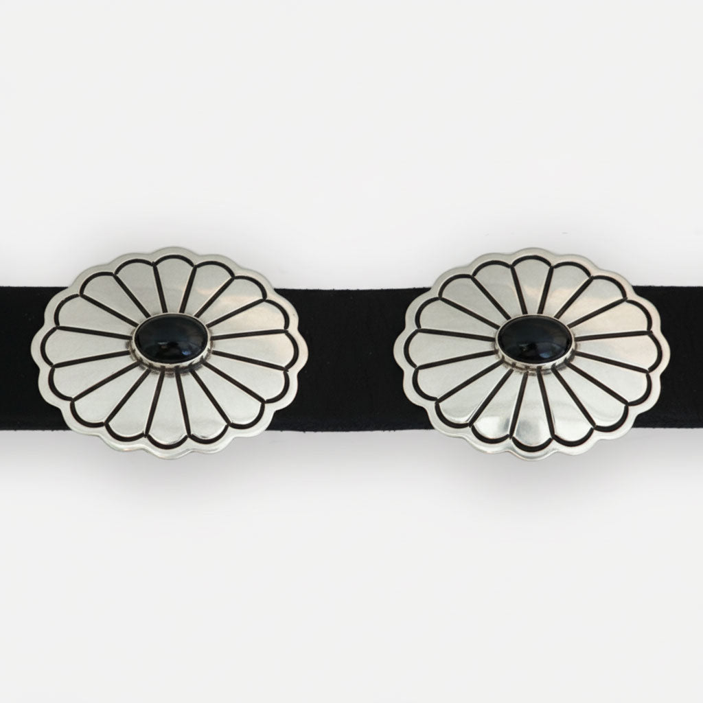 Sterling Silver Conchos with Black Onyx Cabochons on Black Leather Band