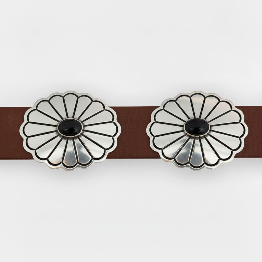Pair of Sterling Silver Conchos with Black Onyx Cabochons on Brown Leather Band