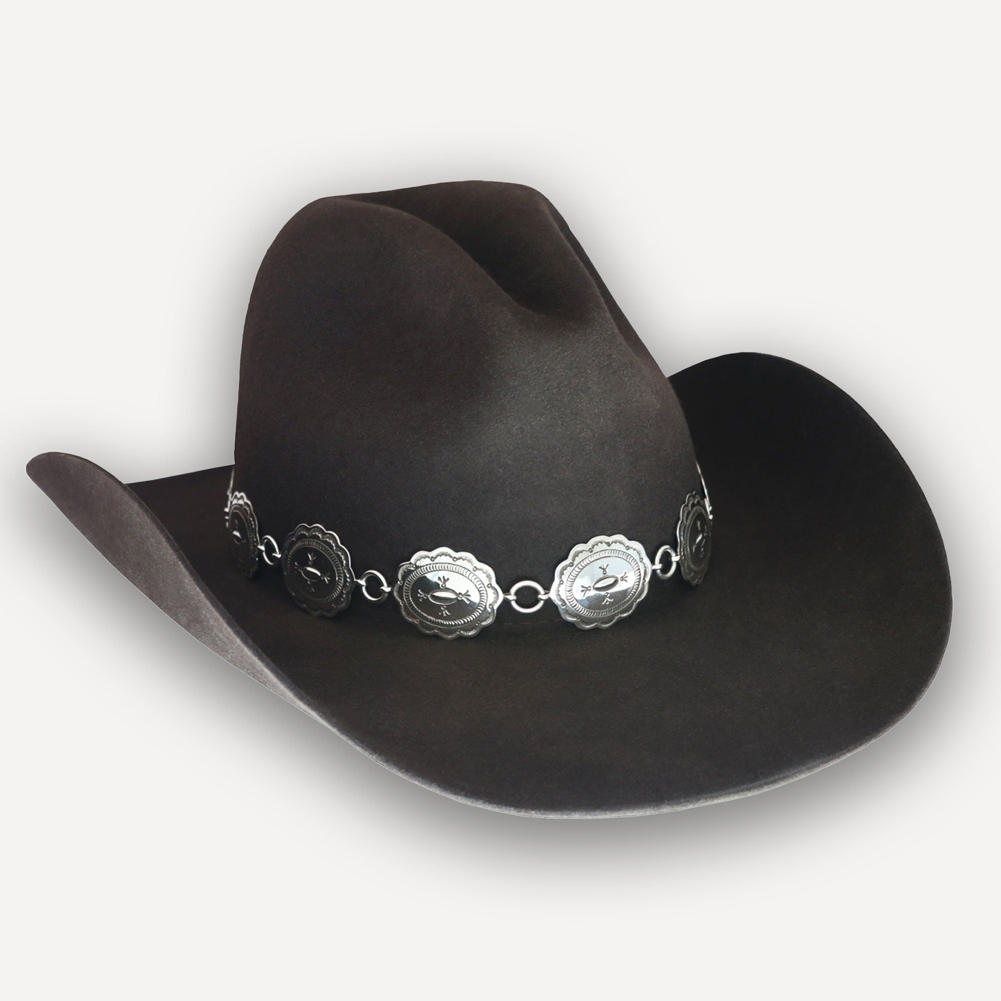 The Texas Flood hatband, with its distinctive Navajo stamped oval sterling silver conchos, displayed prominently on a classic dark felt cowboy hat.