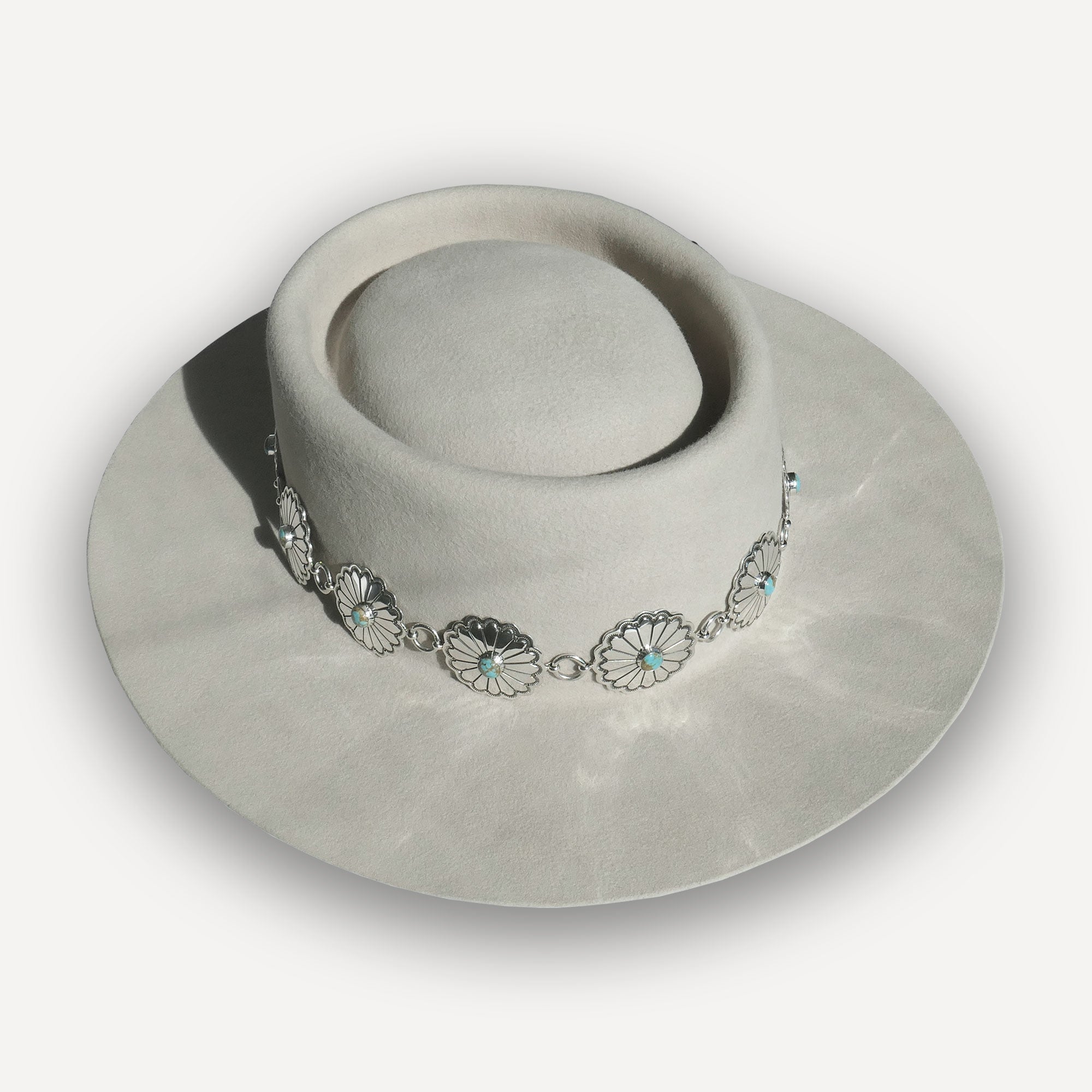 Nizhoni Navajo Sterling Silver Concho hatband shown on a light felt hat crown of a Montana Territory Hat Company hat.