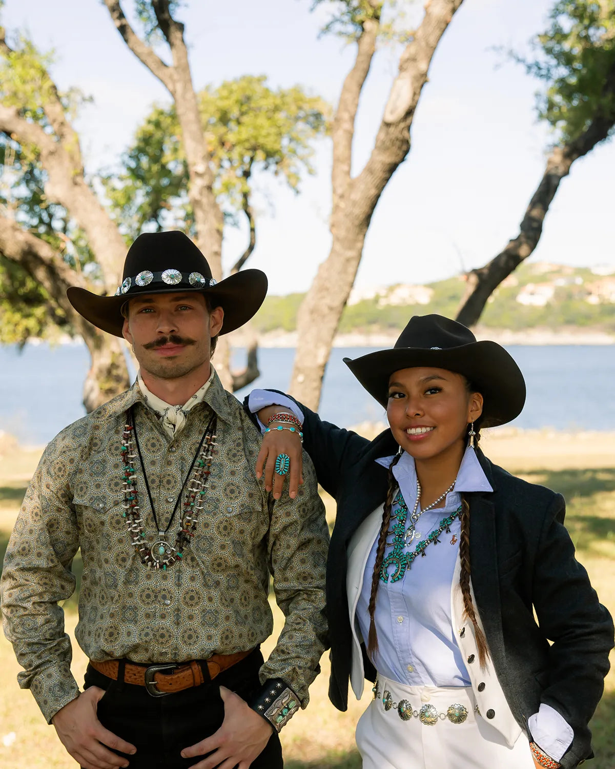 Cowgirls & Indians editorial photo with navajo jewelry and western wear set in the Texas Hill Country