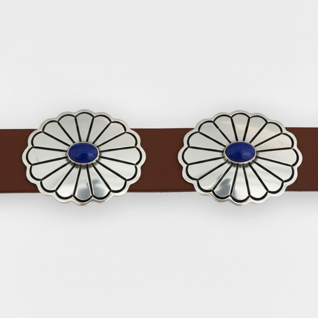 Pair of Sterling silver lapis conchos on brown leather band