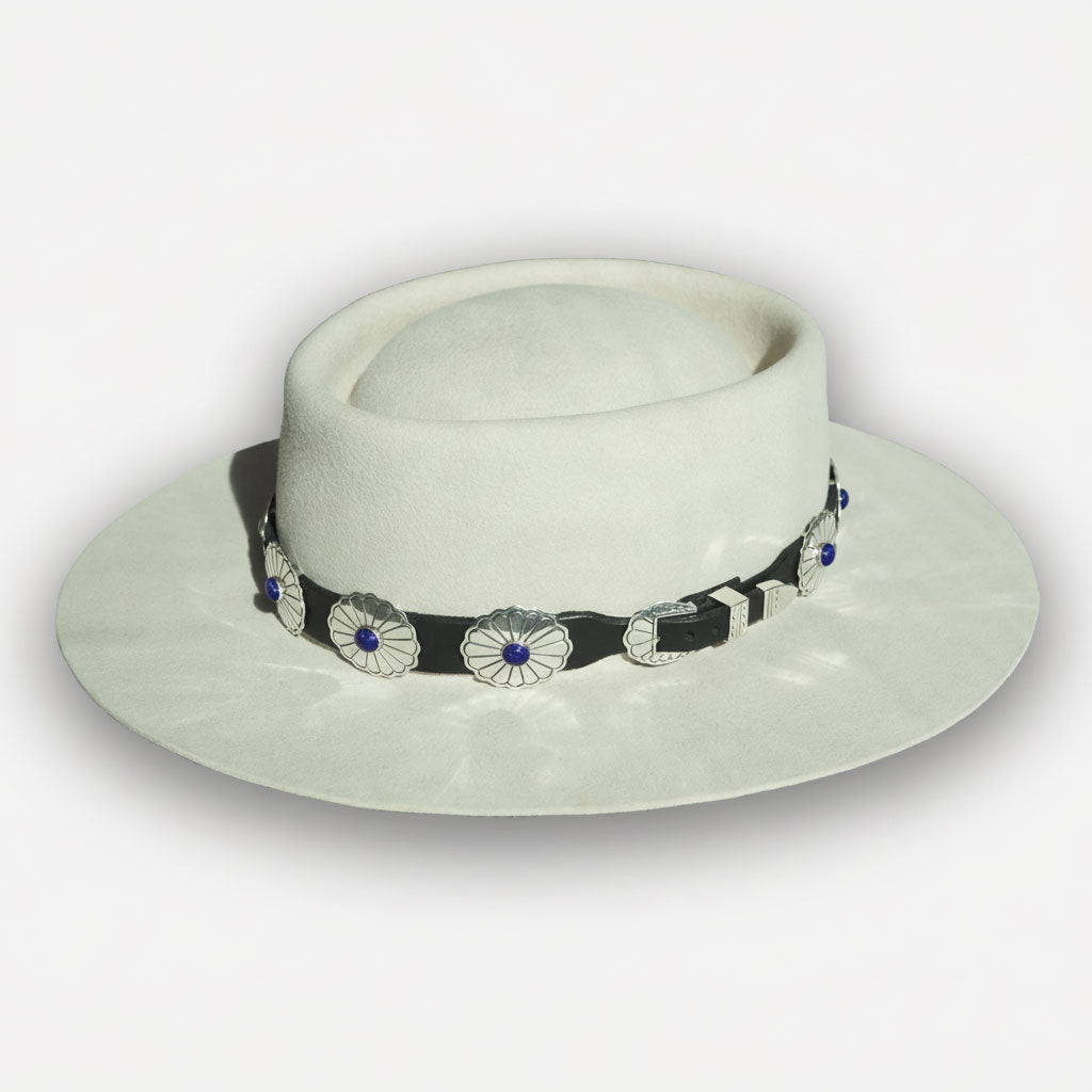 Montana Territory Hat with Concho Leather hat band with Lapis Stones, on a white background