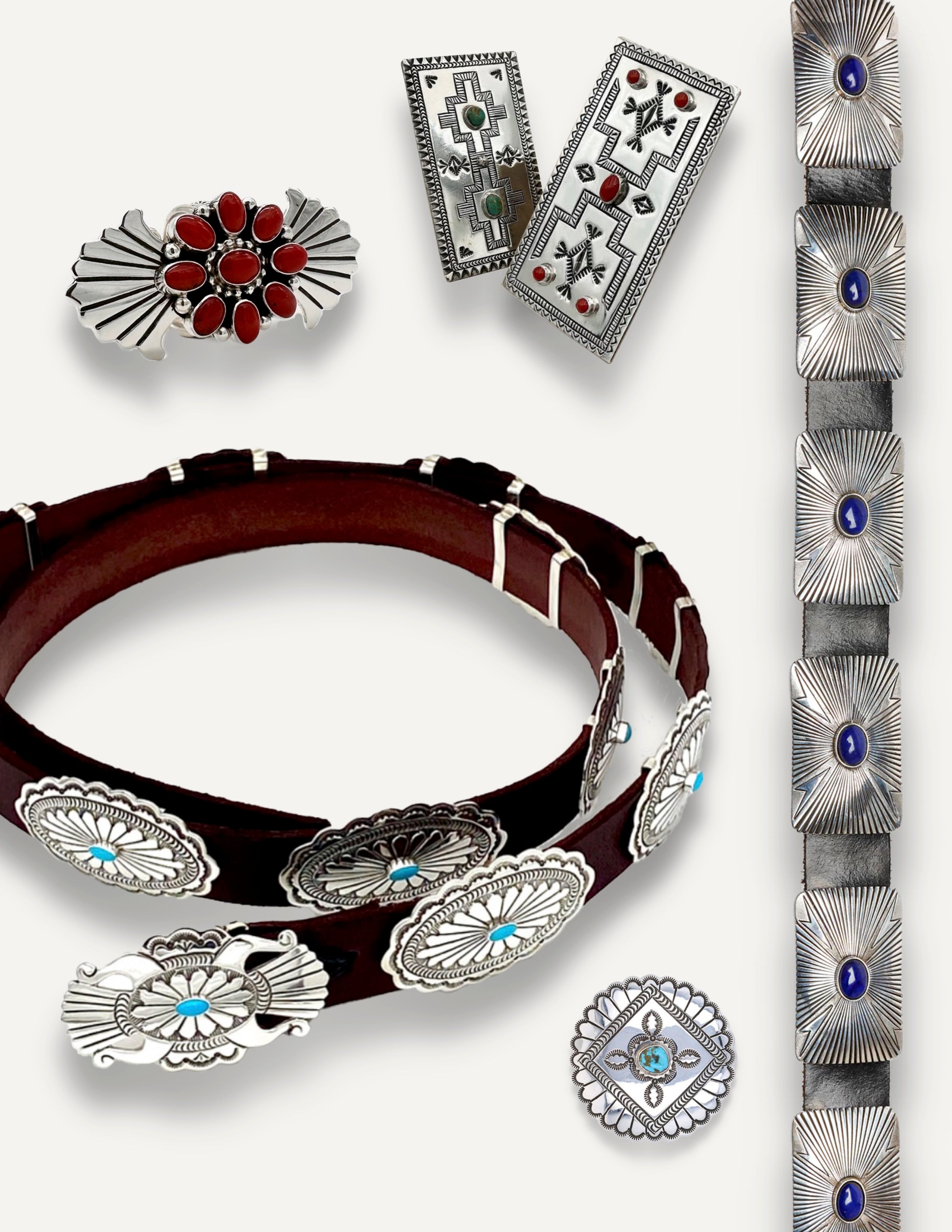 Lee Charley Navajo Jewelry Black and Brown Leather Belts with Sterling Silver Slider Conchos and Scarf Slides adorned with Turquoise, Lapis, Red Coral , Royston Turquiose