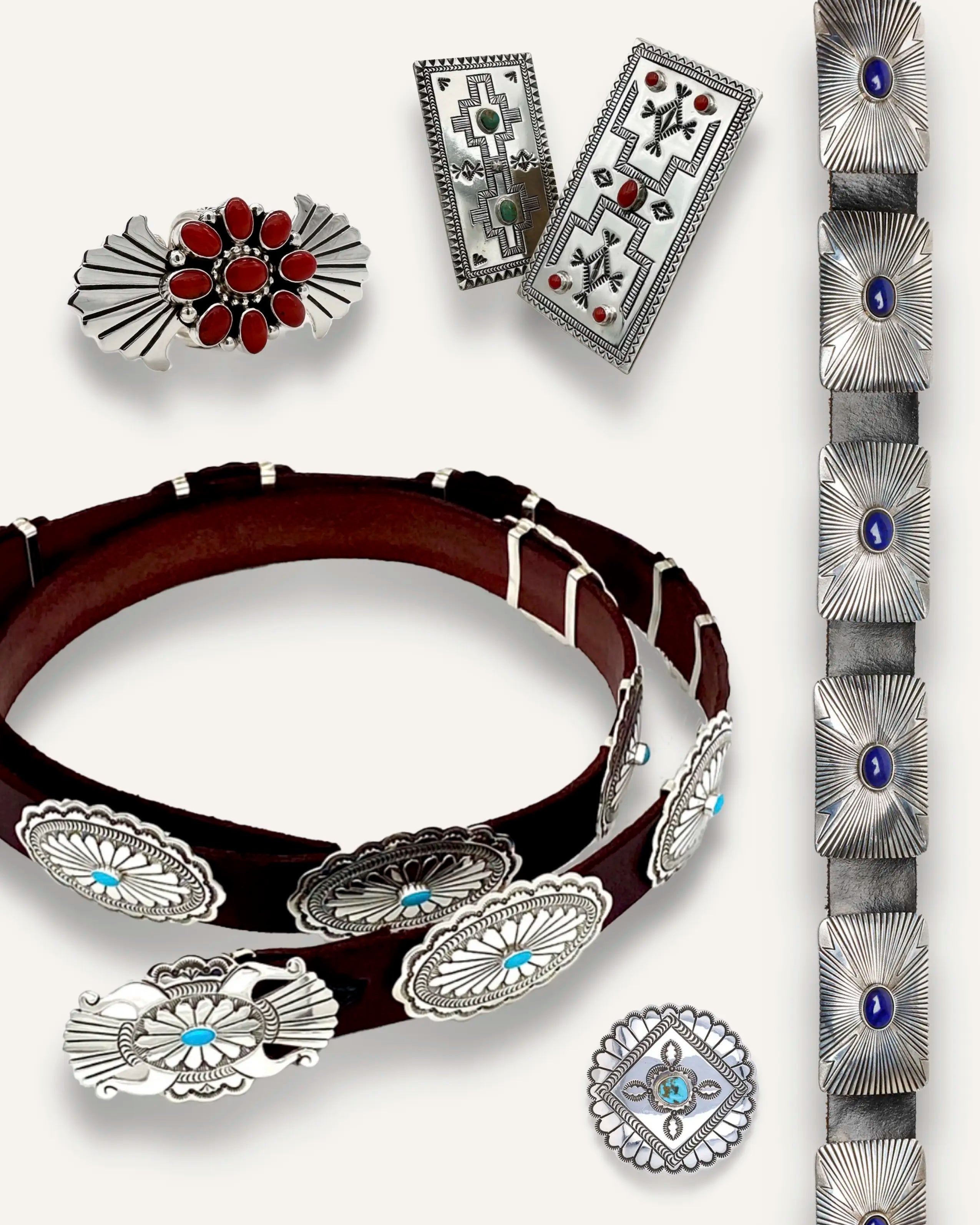 Lee Charley Navajo Jewelry Black and Brown Leather Belts with Sterling Silver Slider Conchos and Scarf Slides adorned with Turquoise, Lapis, Red Coral , Royston Turquiose
