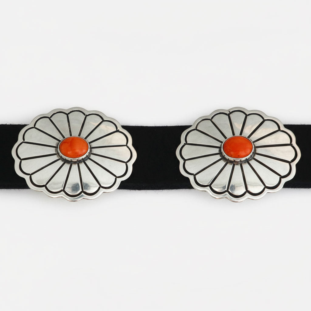Black Leather Band and Sterling Silver Conchos with Orange Spiny Oyster Cabochons