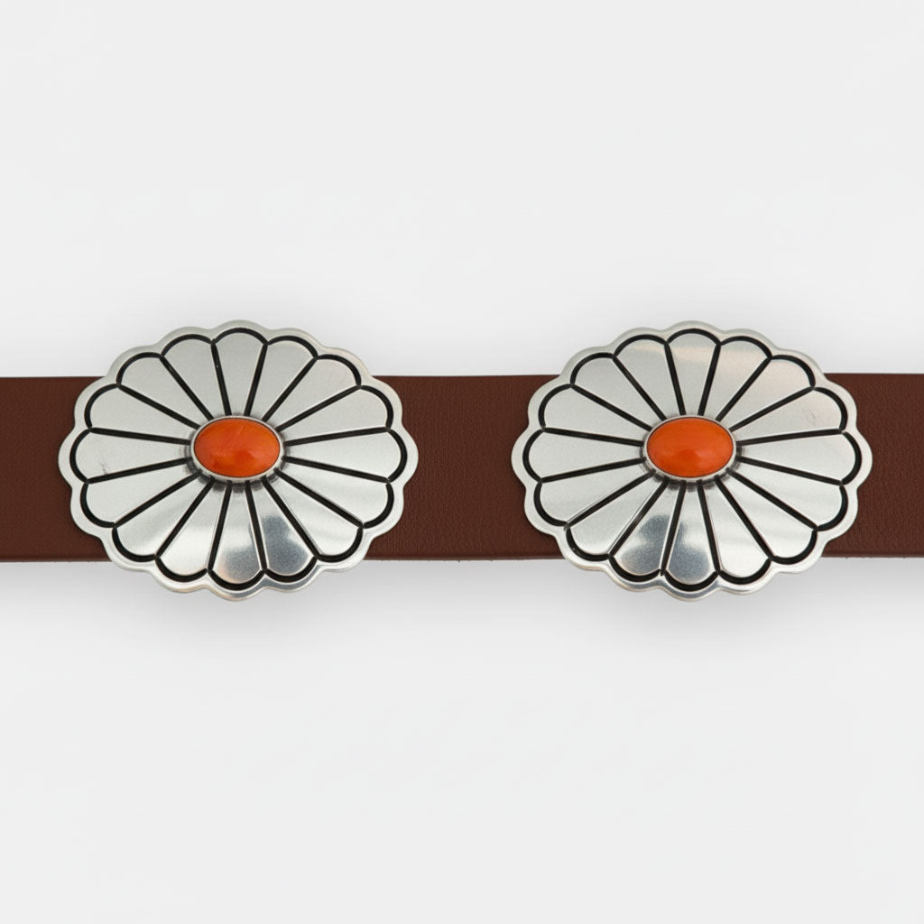 Close-up Brown Leather Band and Sterling Silver Conchos with Orange Spiny Oyster Cabochons