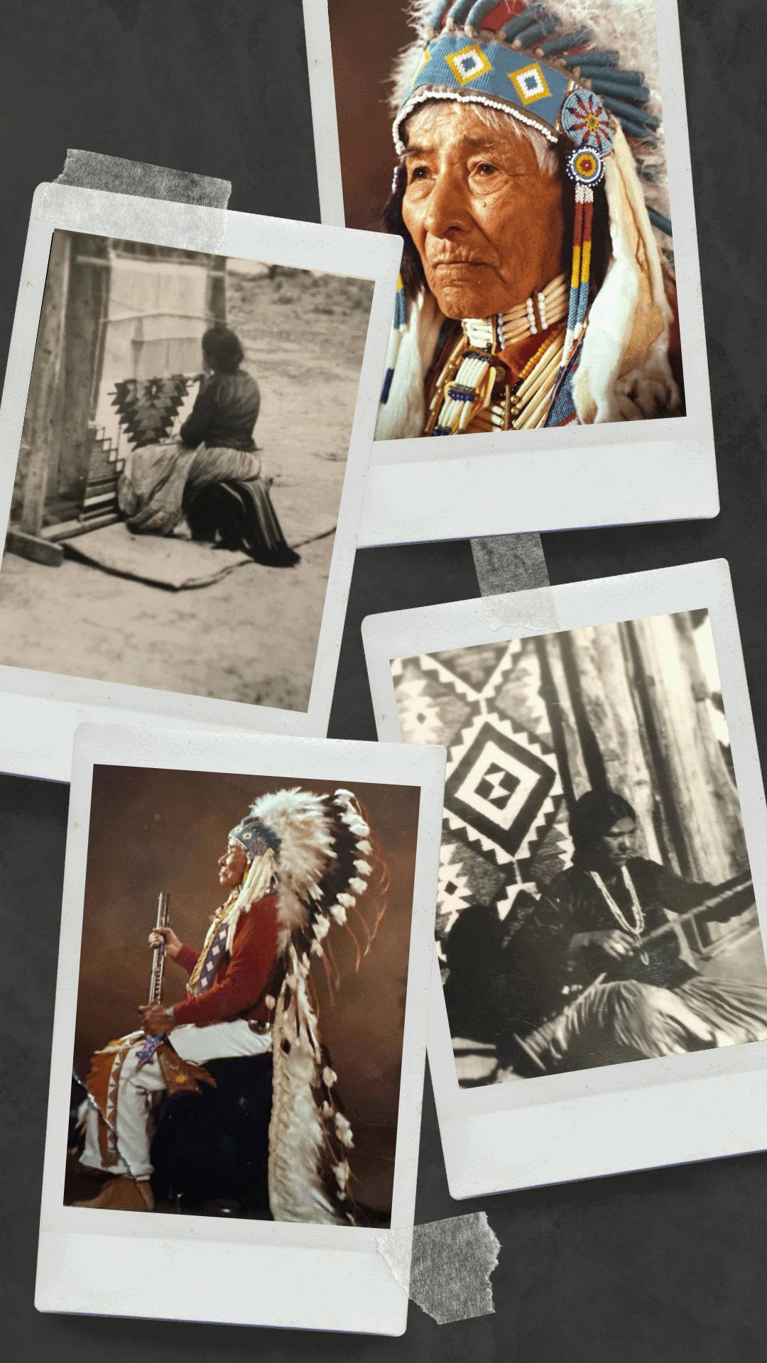 Photos of David Skeet in Navajo Regalia and Headdress, Tessie Skeet weaving Navajo Rug, Fred Olsen Texas Ranger, Walsh Family Round Rock, TX.