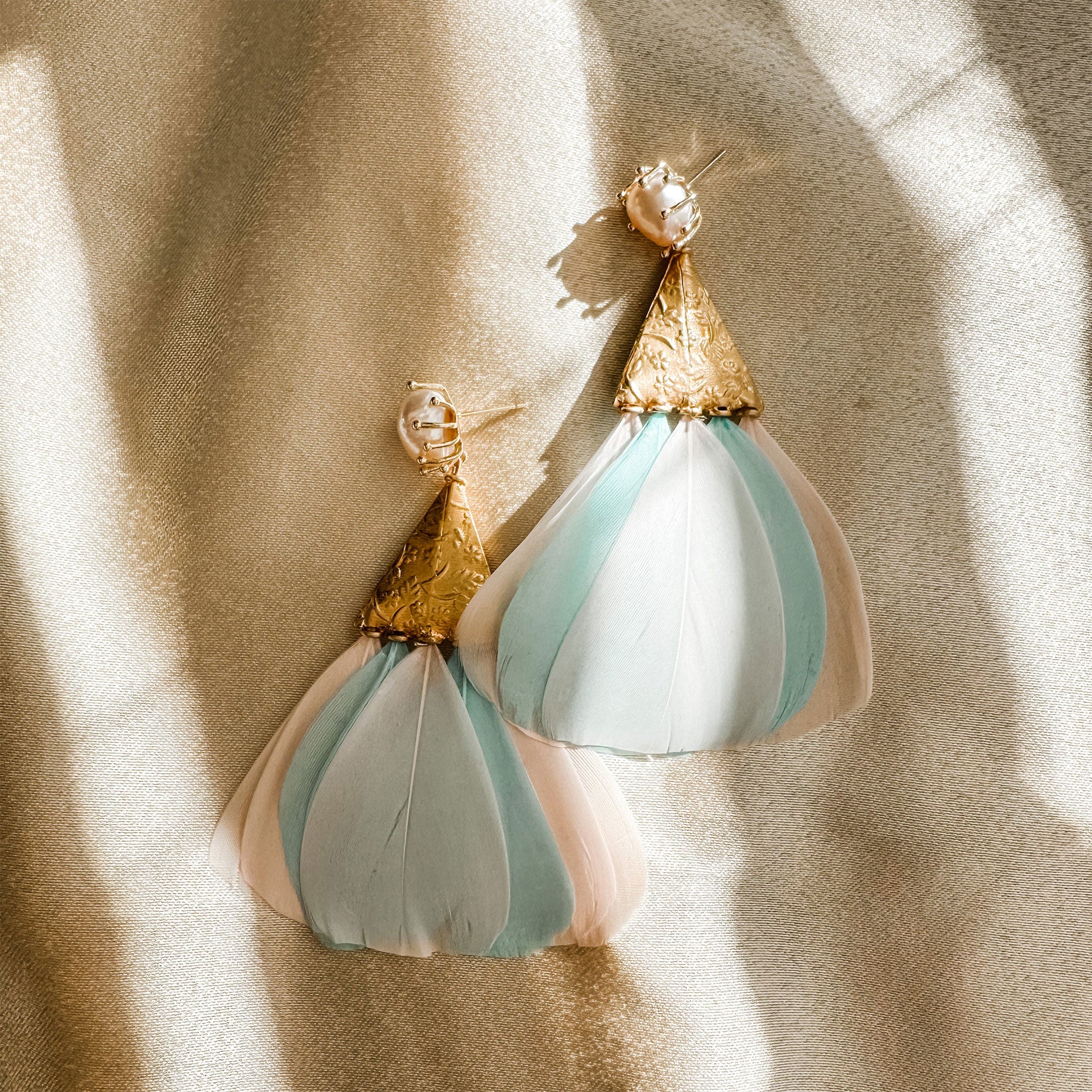 Pastel Pearl and Feather Dangle Earrings