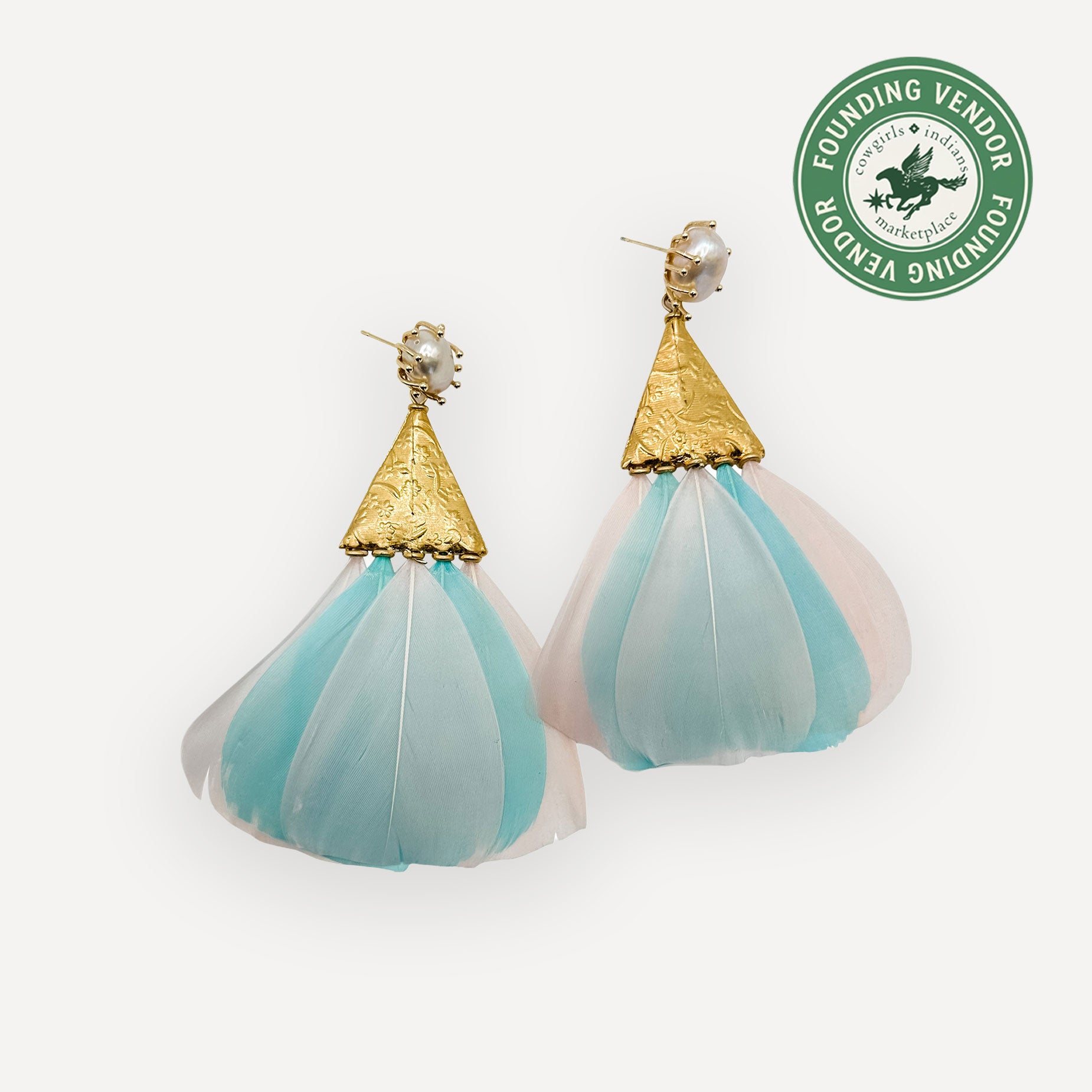 Teal and gold earrings on a white background with a Founding Vendor logo.