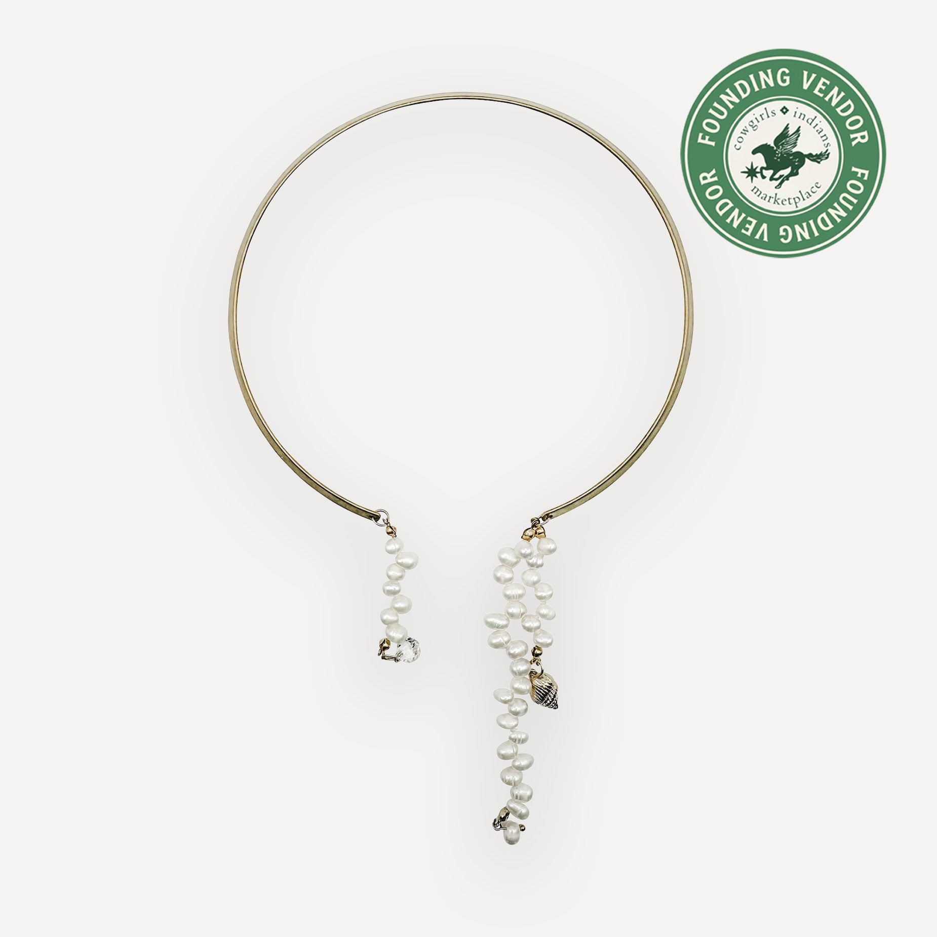 Brass Choker Necklace with pearl-like beads and charms on a white background, featuring a Founding Vendor logo.