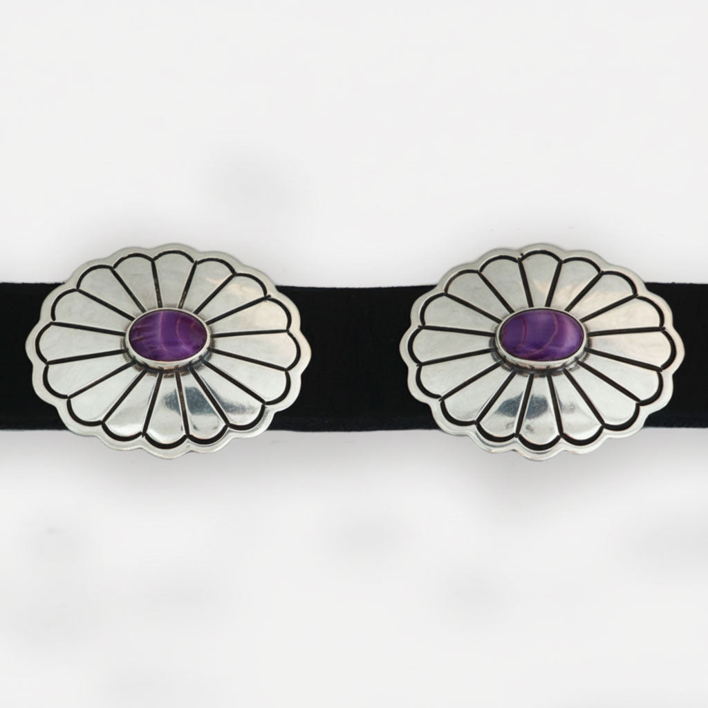 Sterling Silver Conchos with Purple Spiny Oyster Cabochons on black leather