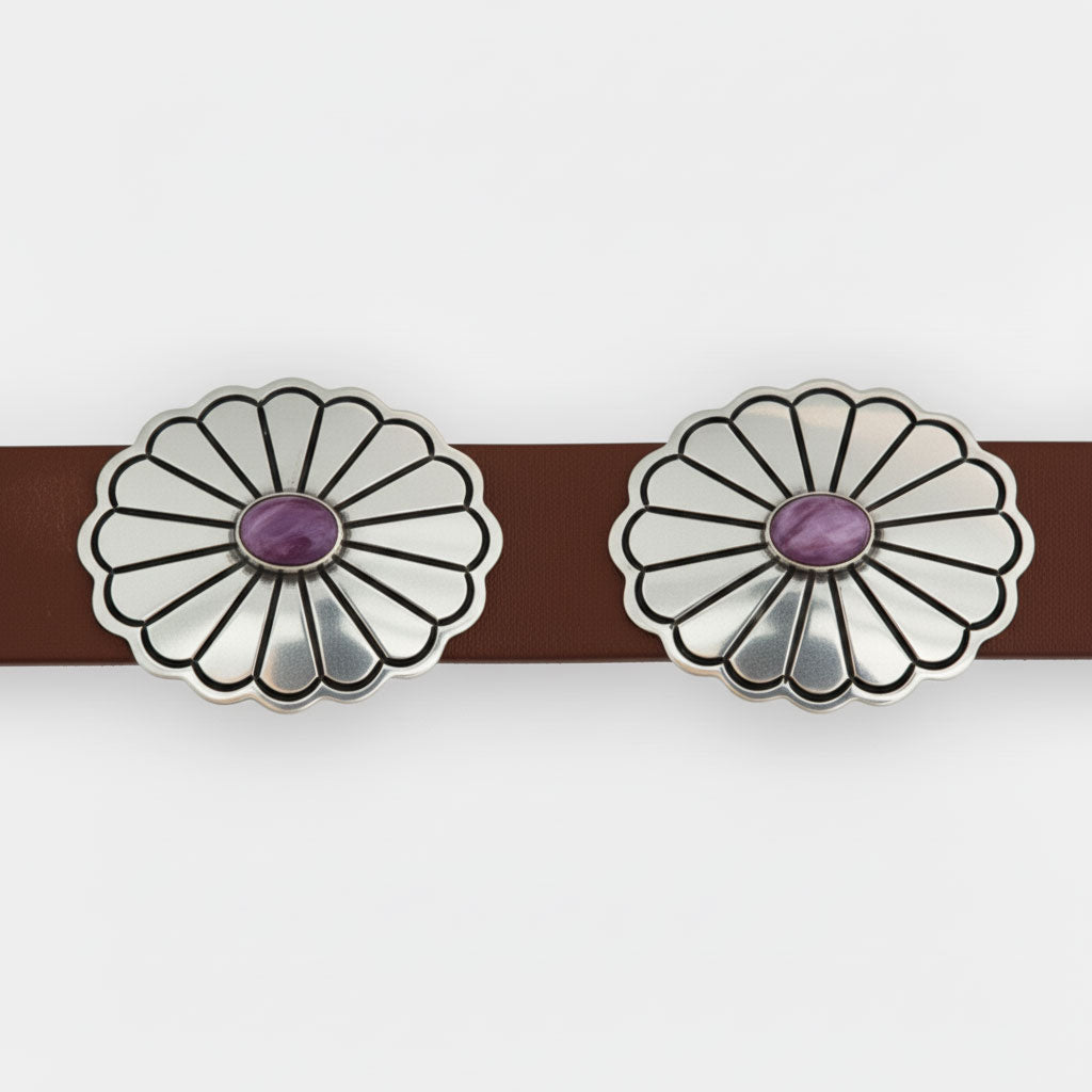 Sterling silver conchos with Purple Spiny Oyster Cabochons on brown leather