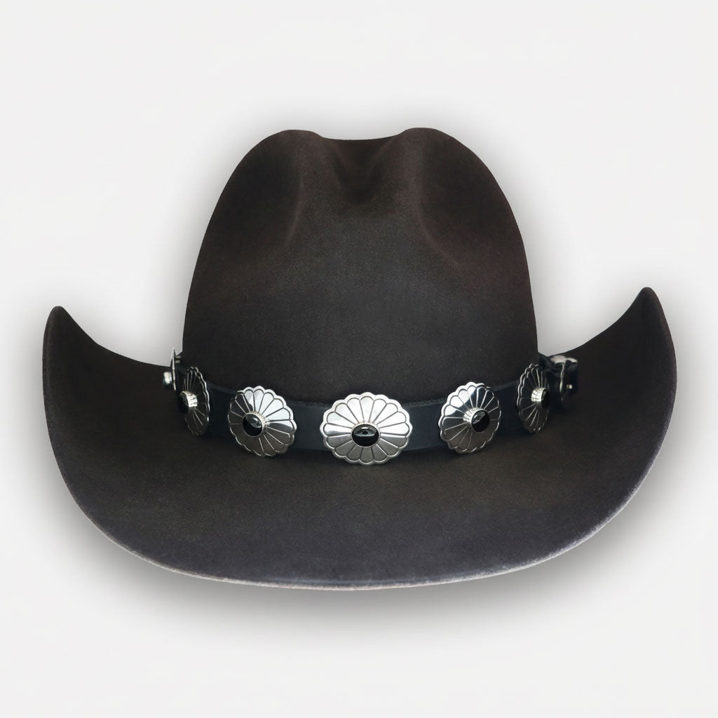 Brown Cowboy Hat with Navajo Leather Concho hat band featuring black onyx stones with a white background