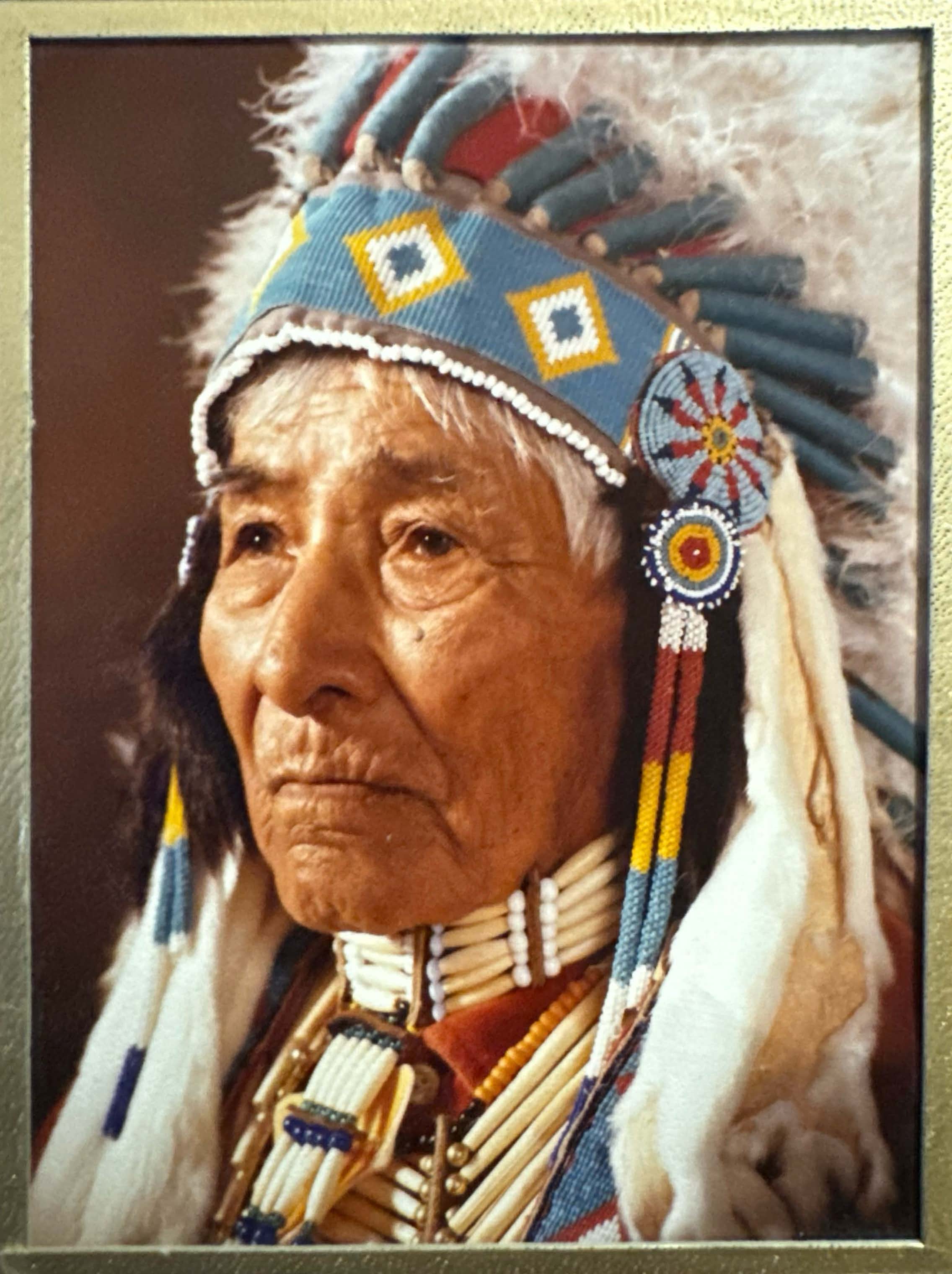 Portrait of Navajo Man David Skeet wearing a Headdress with Navajo beadwork and a Navajo Bone Choker necklace. 
