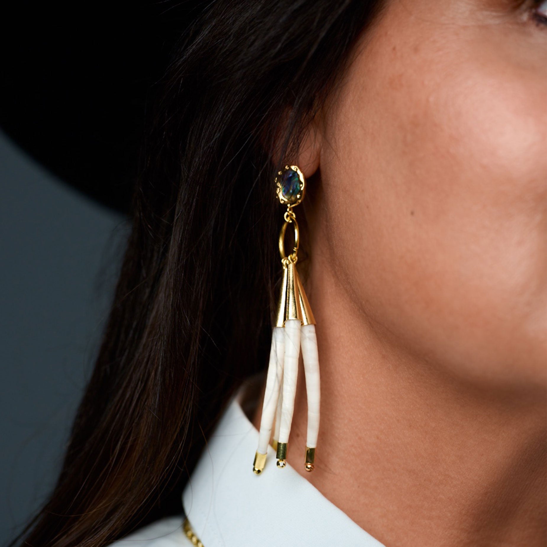 Close-up of a gold and white dangling earring on an ear with a blurred background