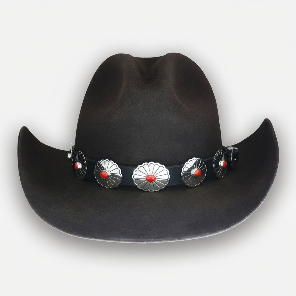 Kemo Sabe gus hat with navajo hat band: black leather and sterling silver conchos with italian red coral cabochons. 