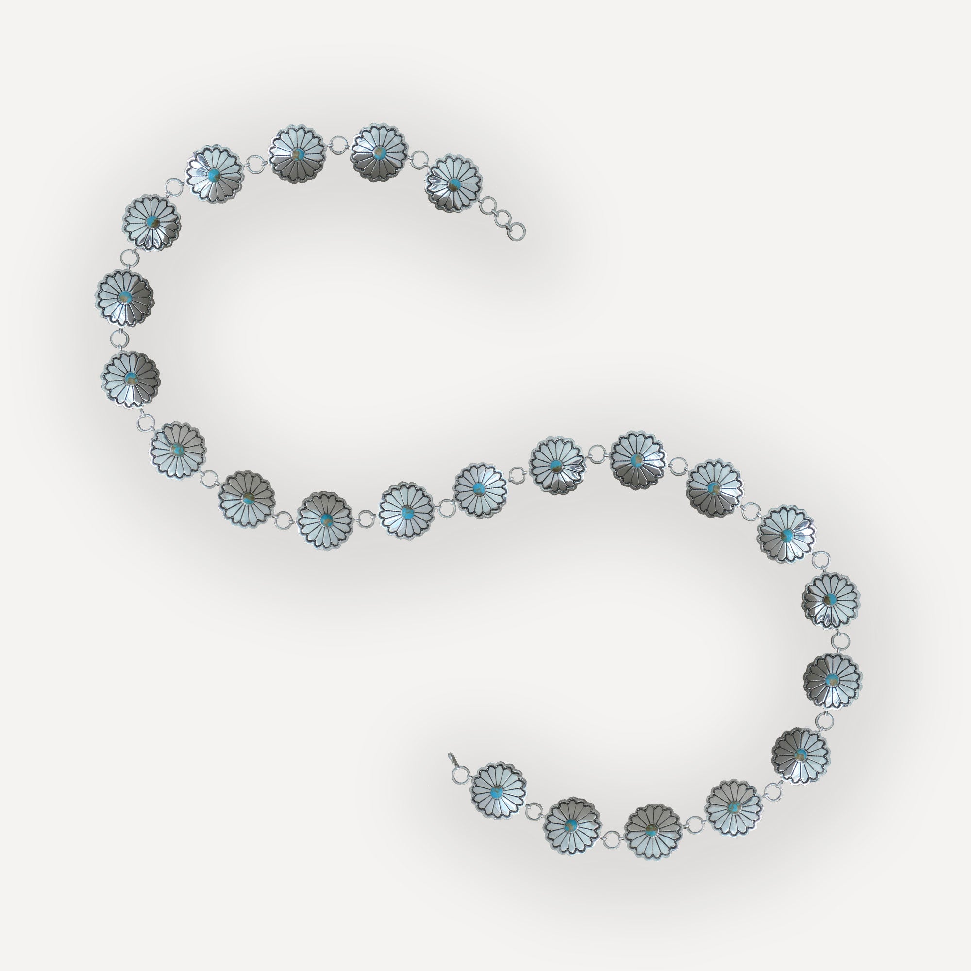 Sterling Silver Concho Belt with Kingman Turquoise on White Background 