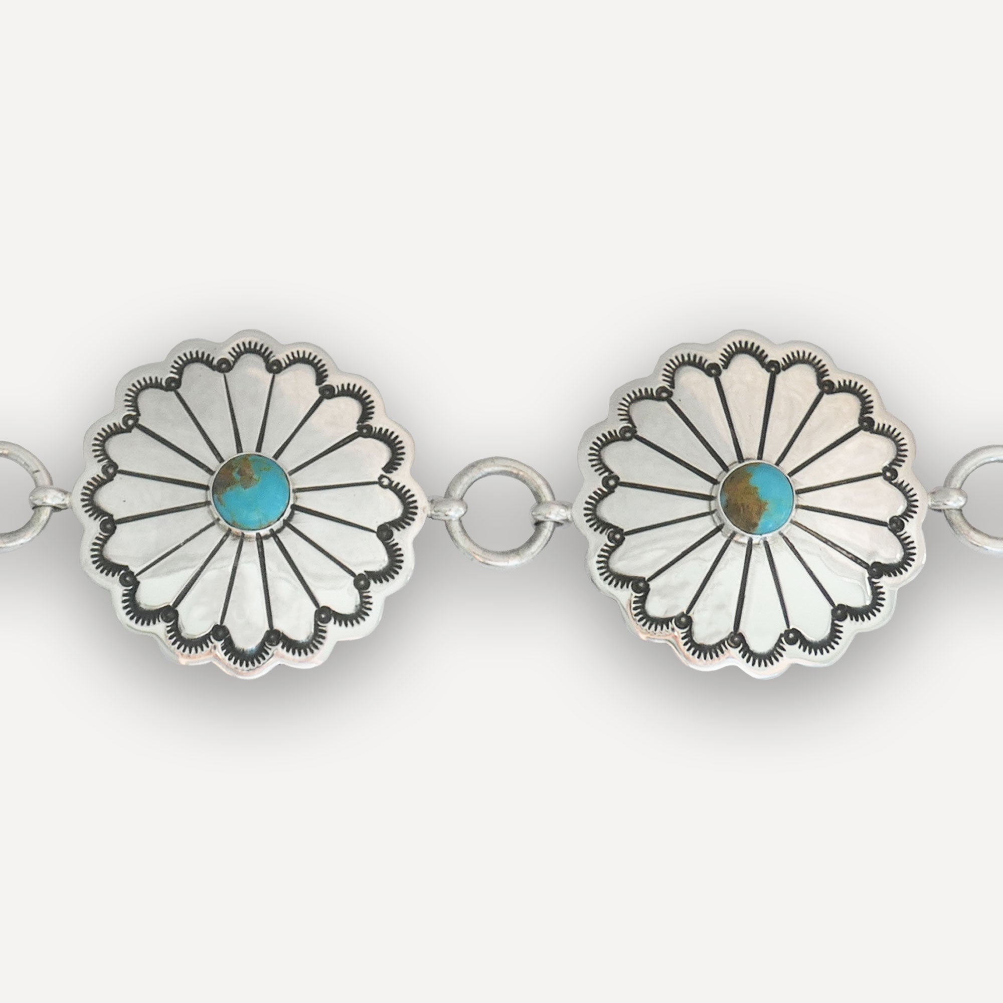 Sterling Silver Navajo Concho Belt up-close with Kingman Turquoise Cabochon
