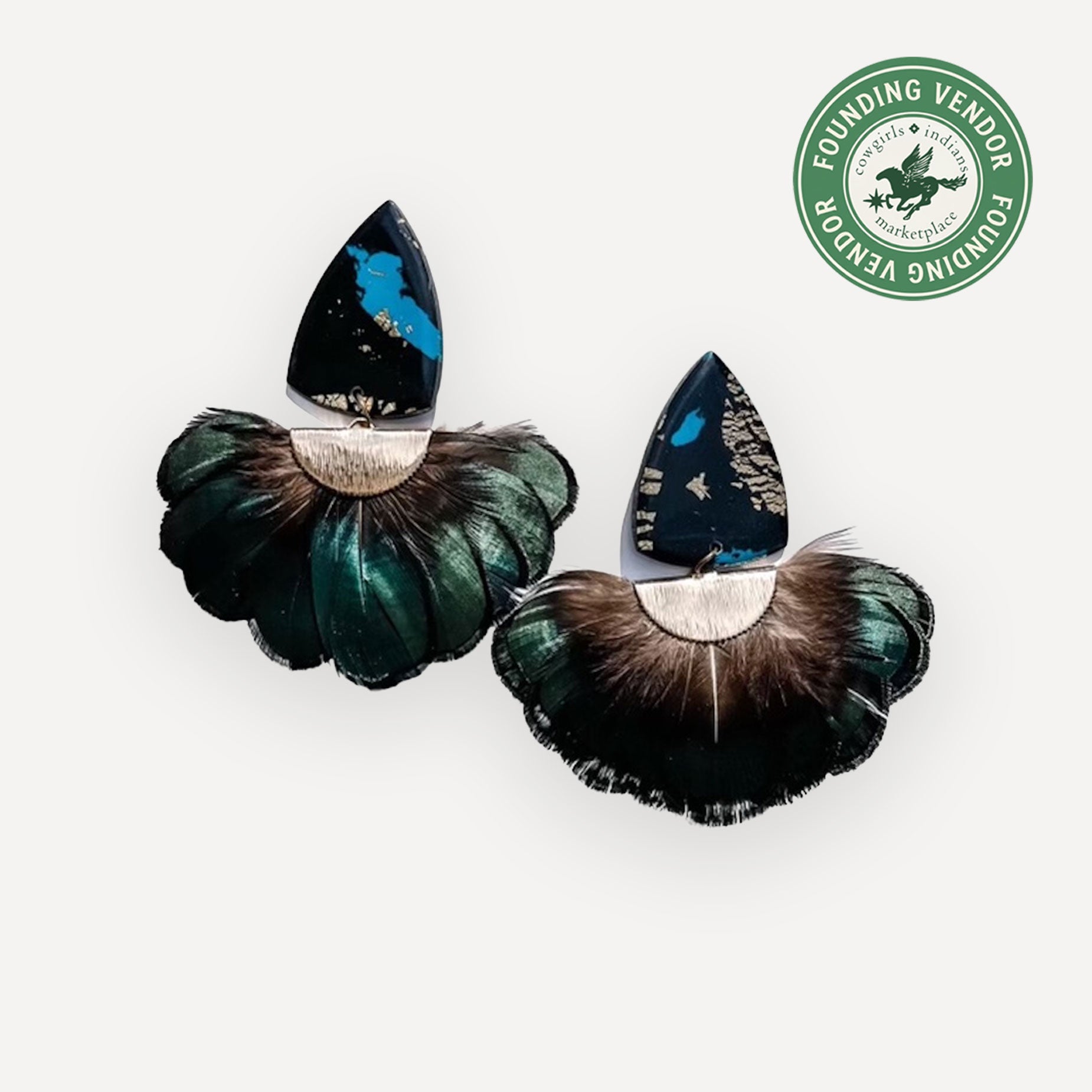 Feathered earrings on a white background with a green badge in the corner.