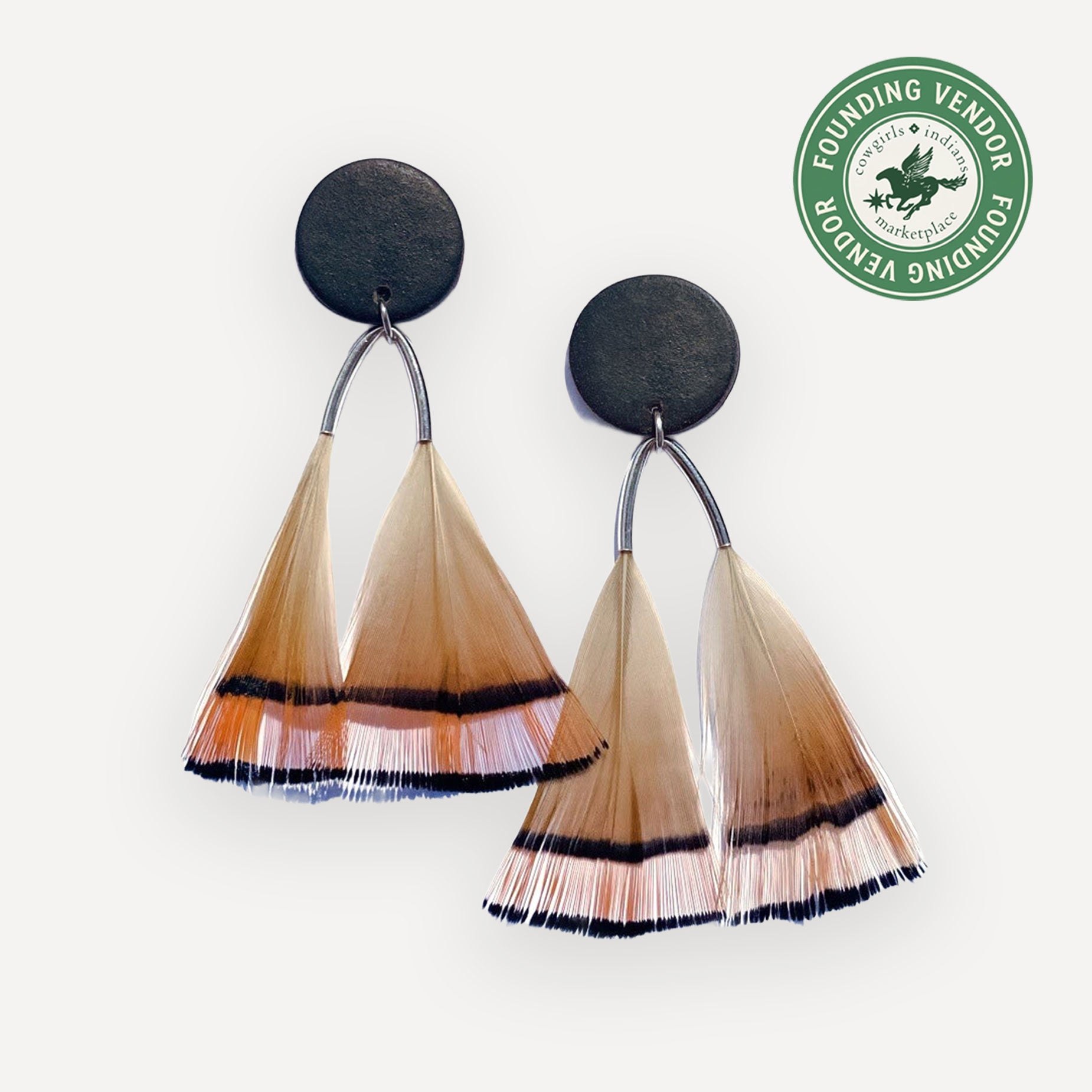 Pair of earrings with black, beige, and brown gradient on a white background, featuring a Founding Vendor logo.